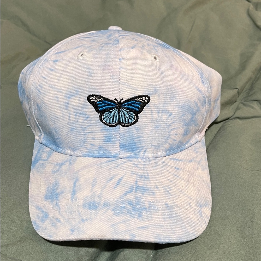 NWOT Blue & White Tie-Dye Cap with Butterfly Embroidery & Adjustable Strap